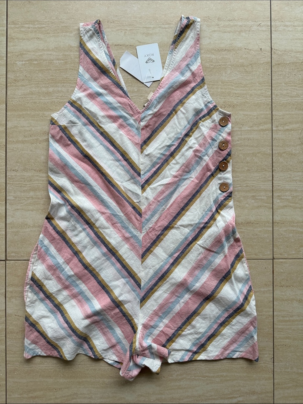 Roxy Striped V-Neck Romper in Pink, White & Blue